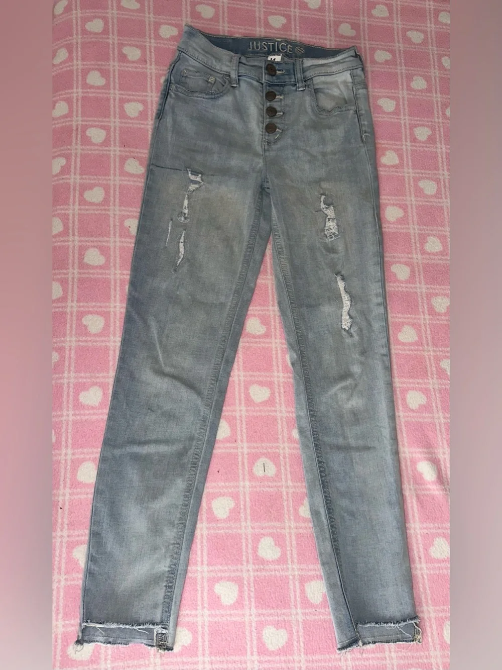 Justice Light Blue Distressed Button-Fly Jeans